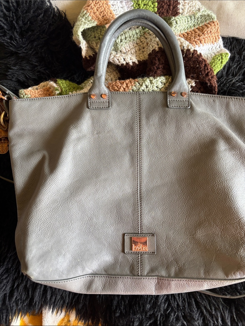 Kooba Light Gray Leather Tote with Rose Gold Accents